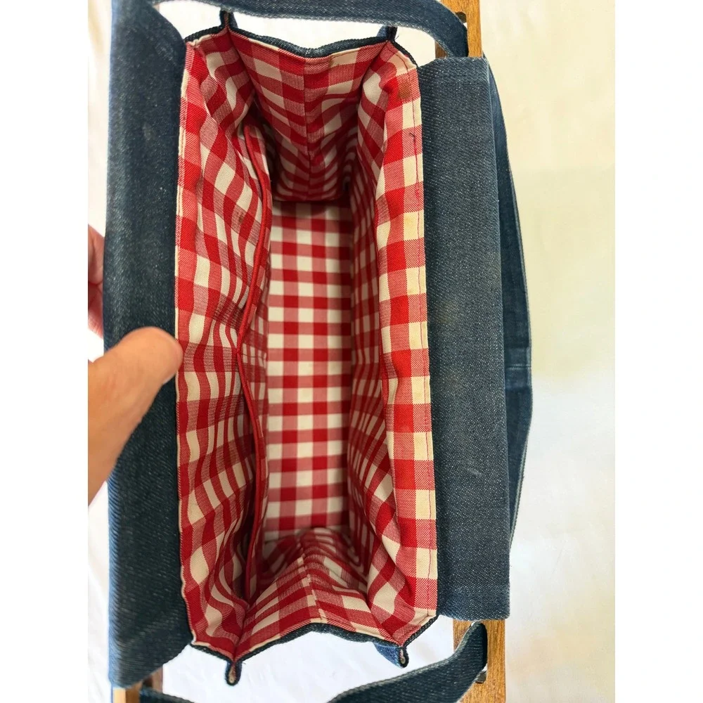 Vintage Denim Strawberry Embroidered Tote Bag 70s 80s Gingham Lining Wood Handle